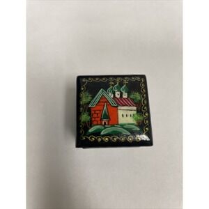 Vintage Miniature Russian Lacquer Black Hand‎ Painted Trinket Box Red Interior